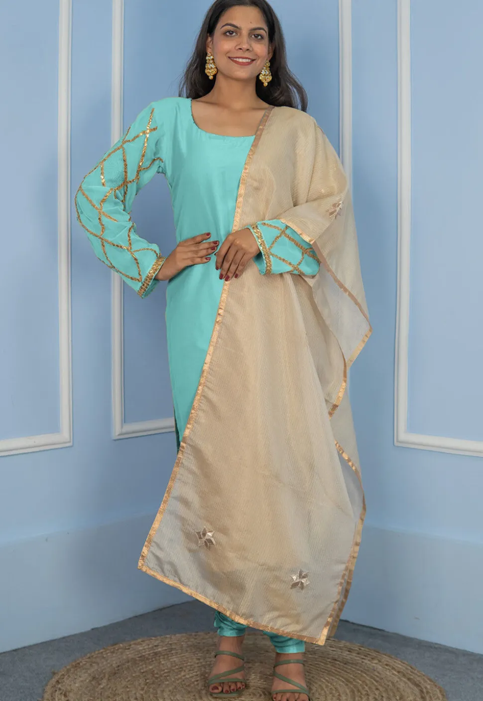 Gota Embellished Cotton Silk Straight Cut Suit in Turquoise