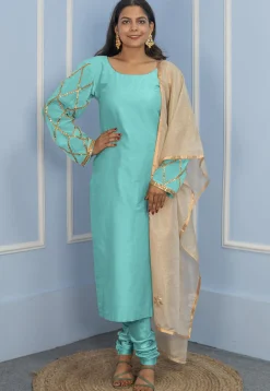 Gota Embellished Cotton Silk Straight Cut Suit in Turquoise