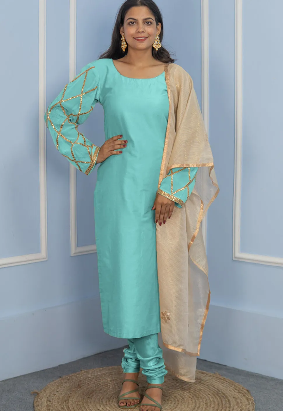 Gota Embellished Cotton Silk Straight Cut Suit in Turquoise