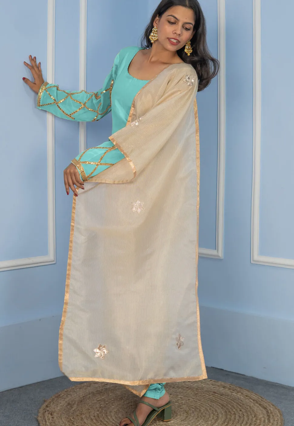 Gota Embellished Cotton Silk Straight Cut Suit in Turquoise