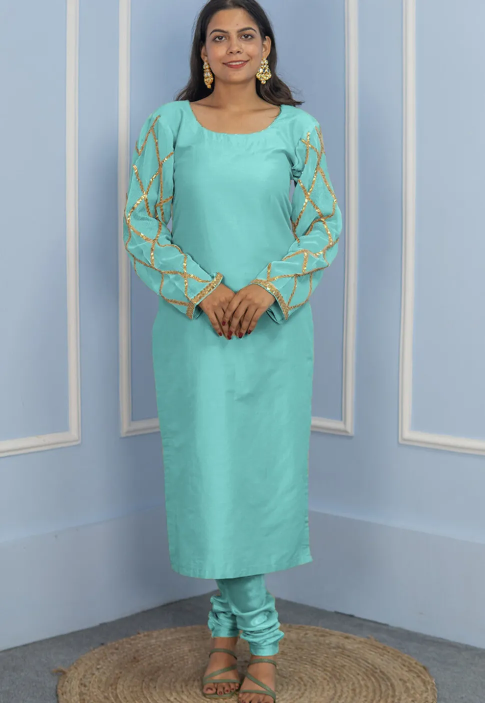 Gota Embellished Cotton Silk Straight Cut Suit in Turquoise