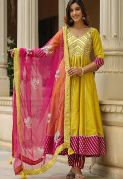 Gota Embellished Cotton Silk Anarkali Suit in Greenish Yellow