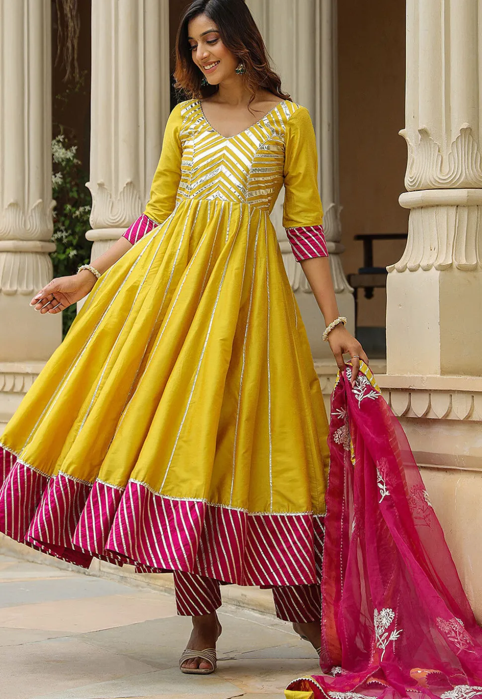 Gota Embellished Cotton Silk Anarkali Suit in Greenish Yellow