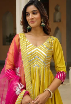 Gota Embellished Cotton Silk Anarkali Suit in Greenish Yellow