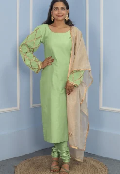 Gota Embellished Cotton Silk Straight Cut Suit in Pastel Green
