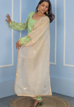 Gota Embellished Cotton Silk Straight Cut Suit in Pastel Green