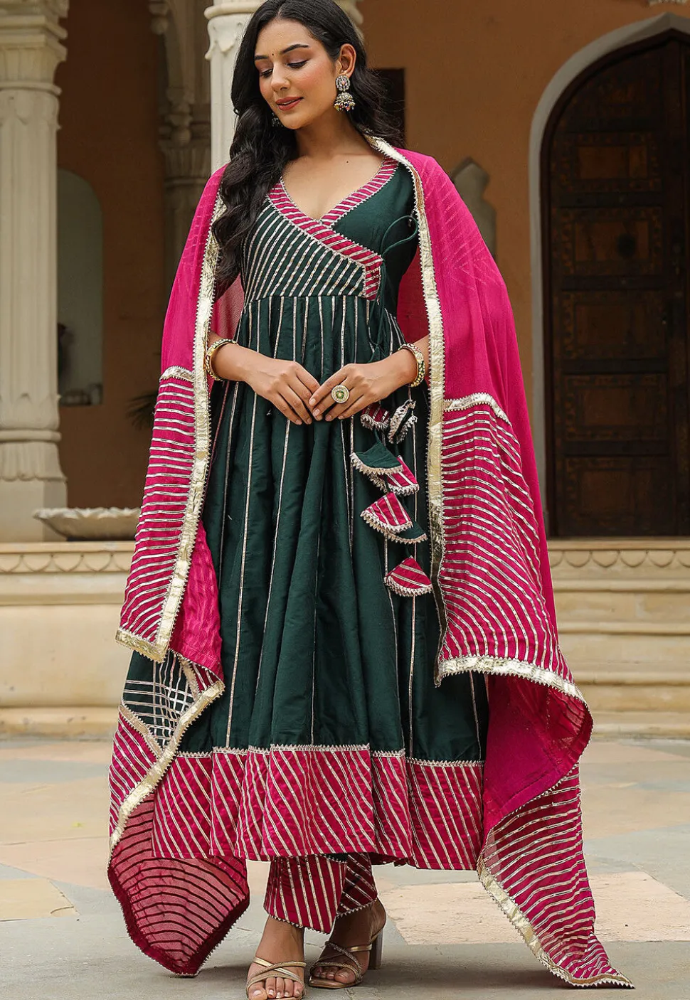 Gota Embellished Cotton Silk Anarkali Suit in Dark Green