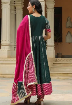 Gota Embellished Cotton Silk Anarkali Suit in Dark Green