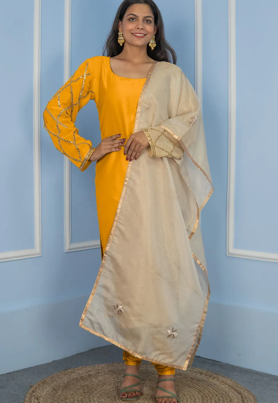 Gota Embellished Cotton Silk Straight Cut Suit in Dark Mustard