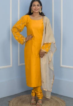 Gota Embellished Cotton Silk Straight Cut Suit in Dark Mustard