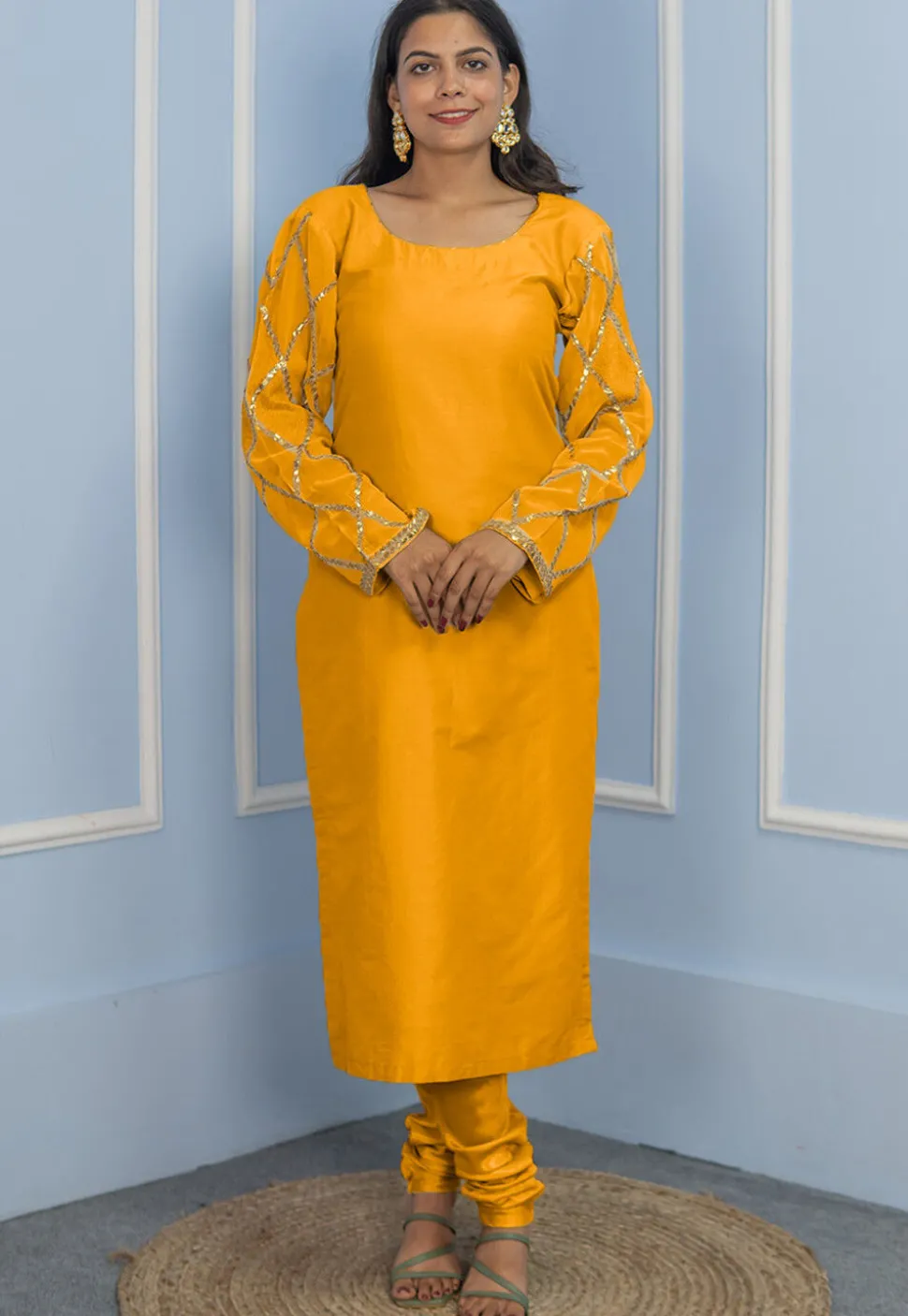 Gota Embellished Cotton Silk Straight Cut Suit in Dark Mustard
