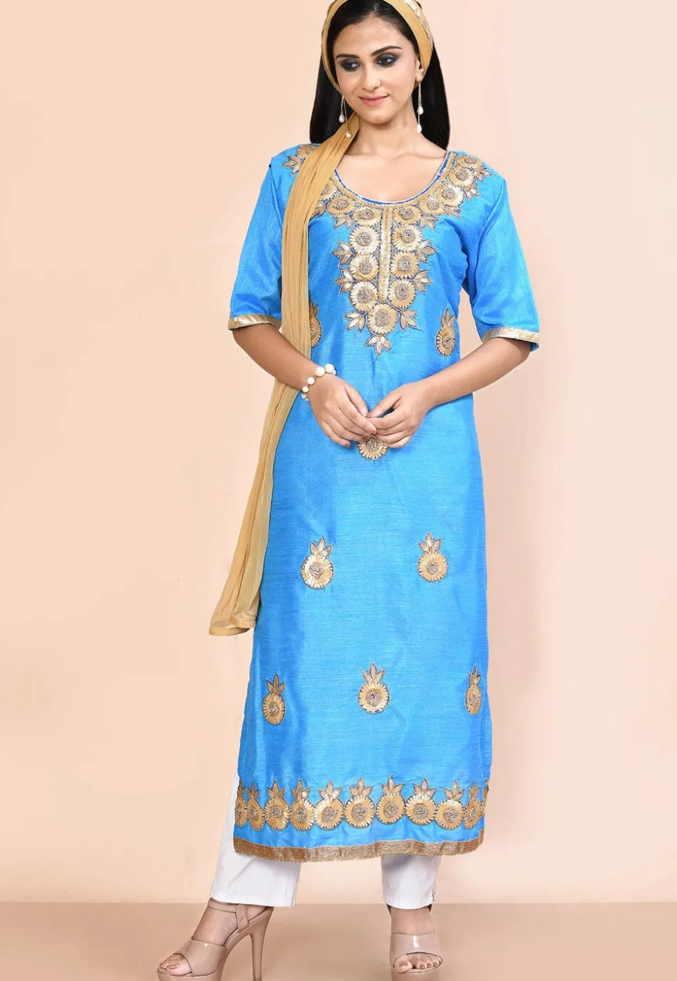 Gota Embellished Dupion Silk Straight Suit in Light Blue