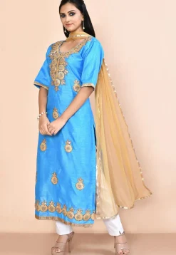 Gota Embellished Dupion Silk Straight Suit in Light Blue