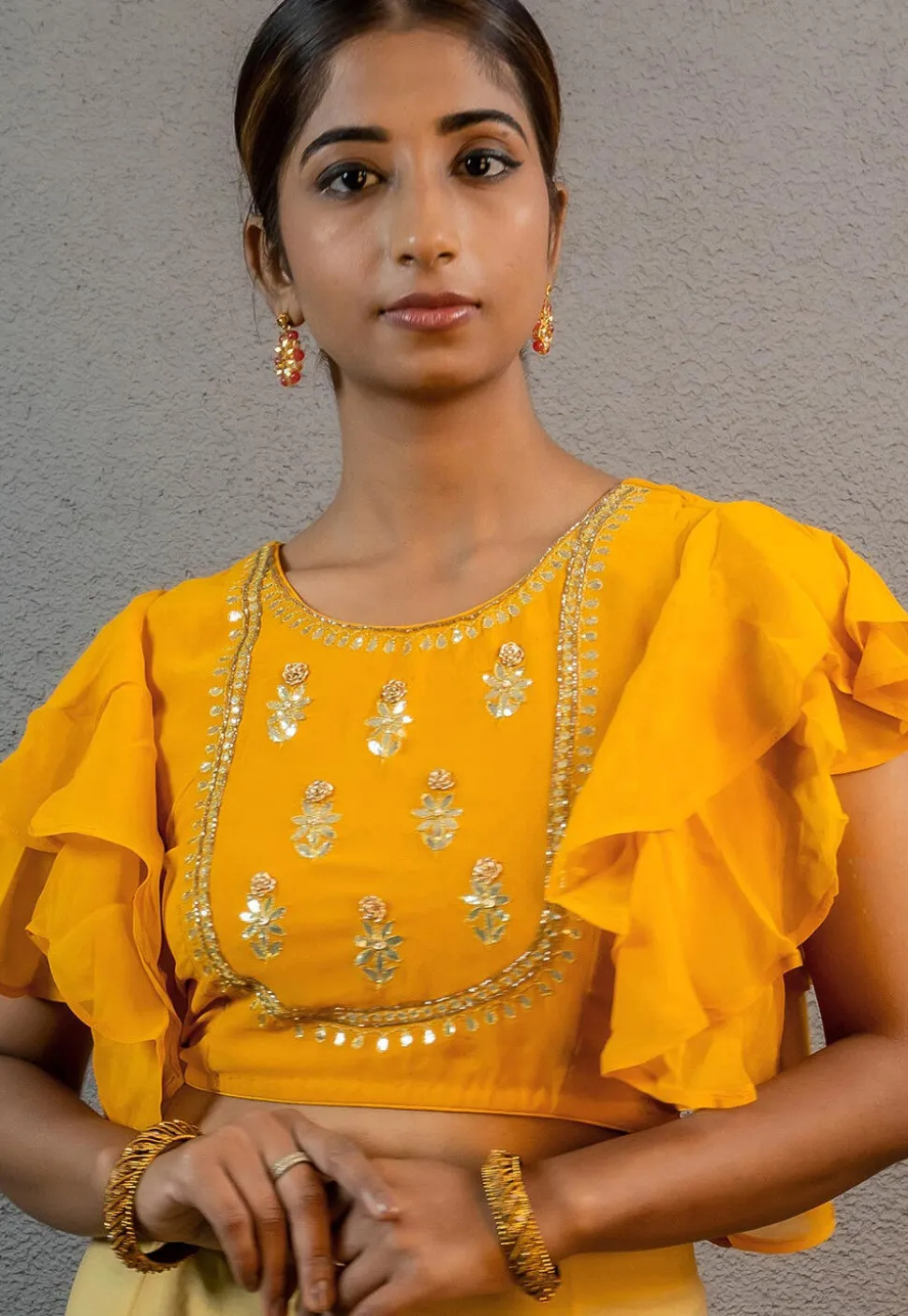 Gota Embellished Georgette Blouse in Mustard