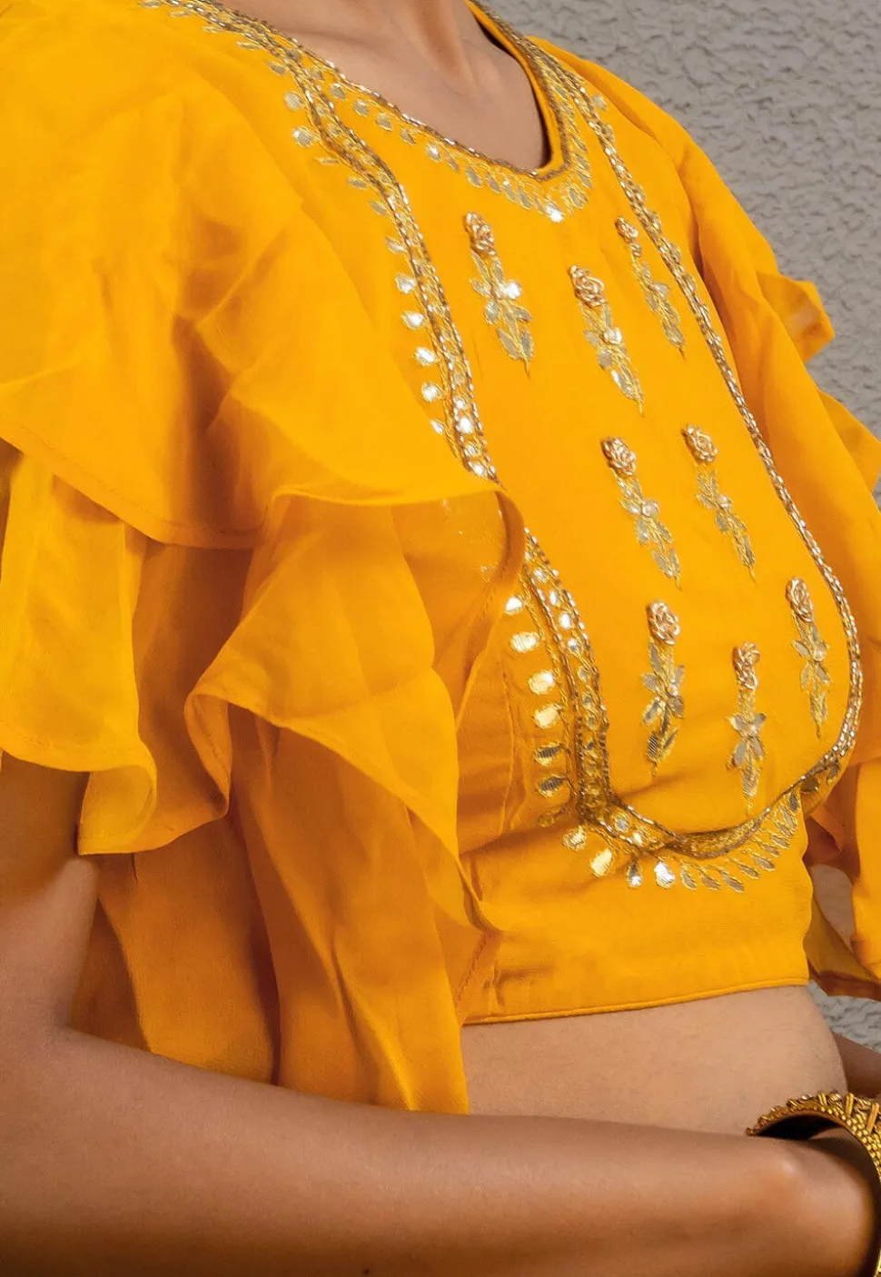 Gota Embellished Georgette Blouse in Mustard