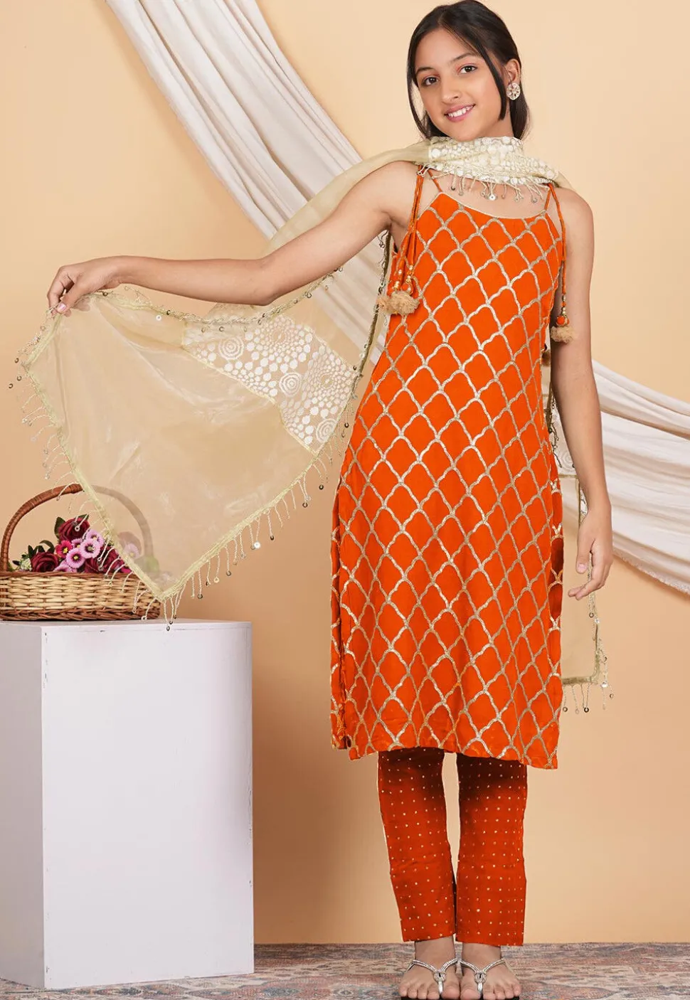 Gota Embellished Georgette Pakistani Suit in Orange