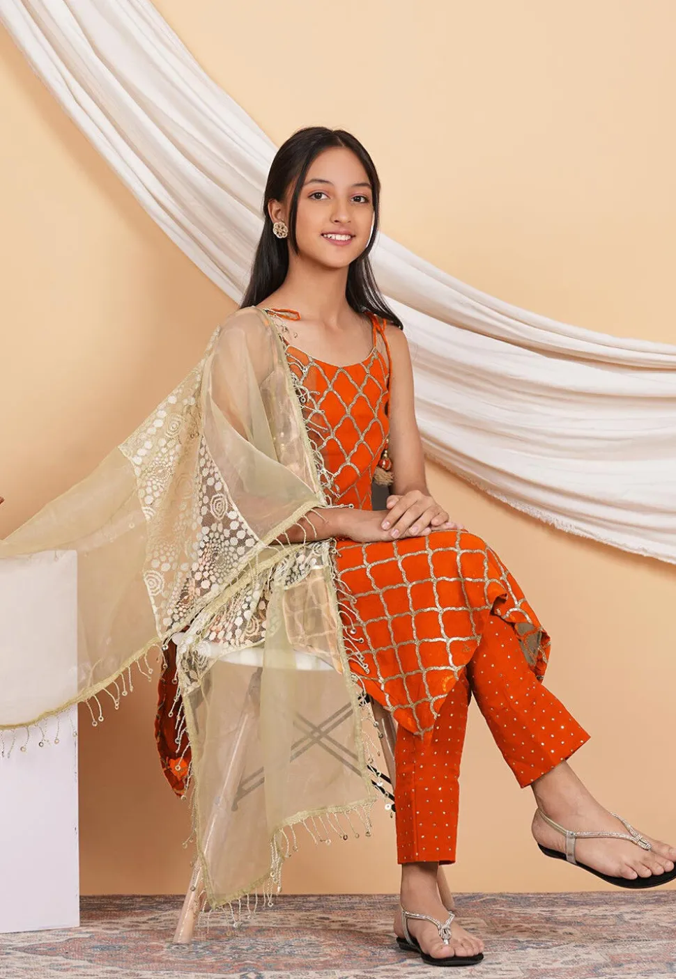 Gota Embellished Georgette Pakistani Suit in Orange