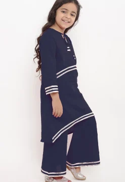 Gota Embellished Rayon A Line Kurta Set in Navy Blue