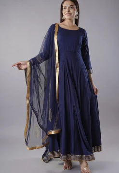 Gota Embellished Rayon Abaya Style Suit in Navy Blue