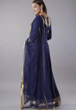 Gota Embellished Rayon Abaya Style Suit in Navy Blue
