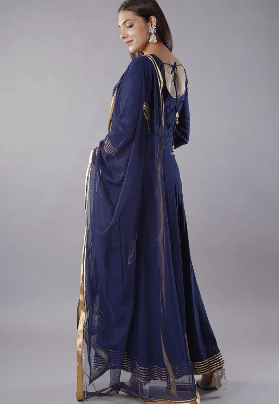 Gota Embellished Rayon Abaya Style Suit in Navy Blue