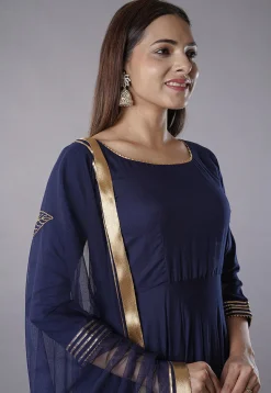 Gota Embellished Rayon Abaya Style Suit in Navy Blue