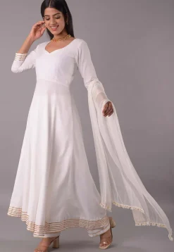 Gota Embellished Rayon Aline Suit in Off White