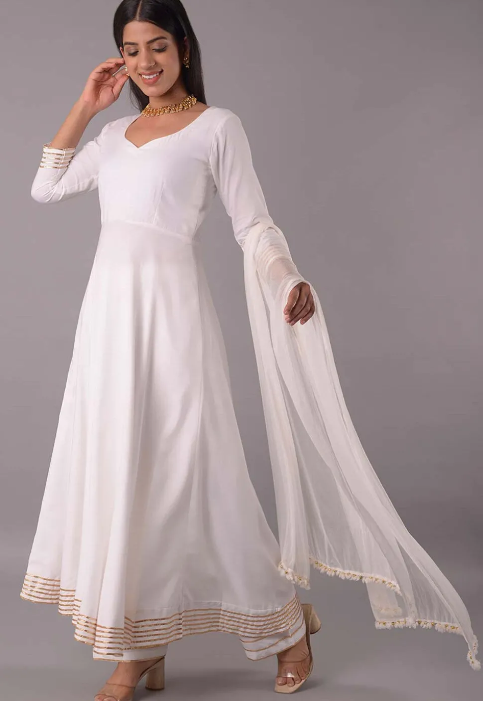 Gota Embellished Rayon Aline Suit in Off White