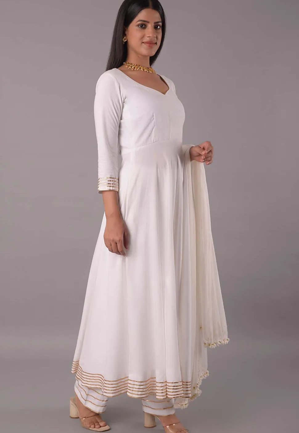 Gota Embellished Rayon Aline Suit in Off White