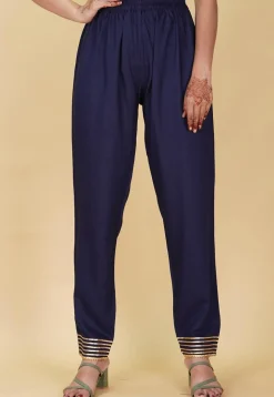 Gota Embellished Rayon Pant in Navy Blue