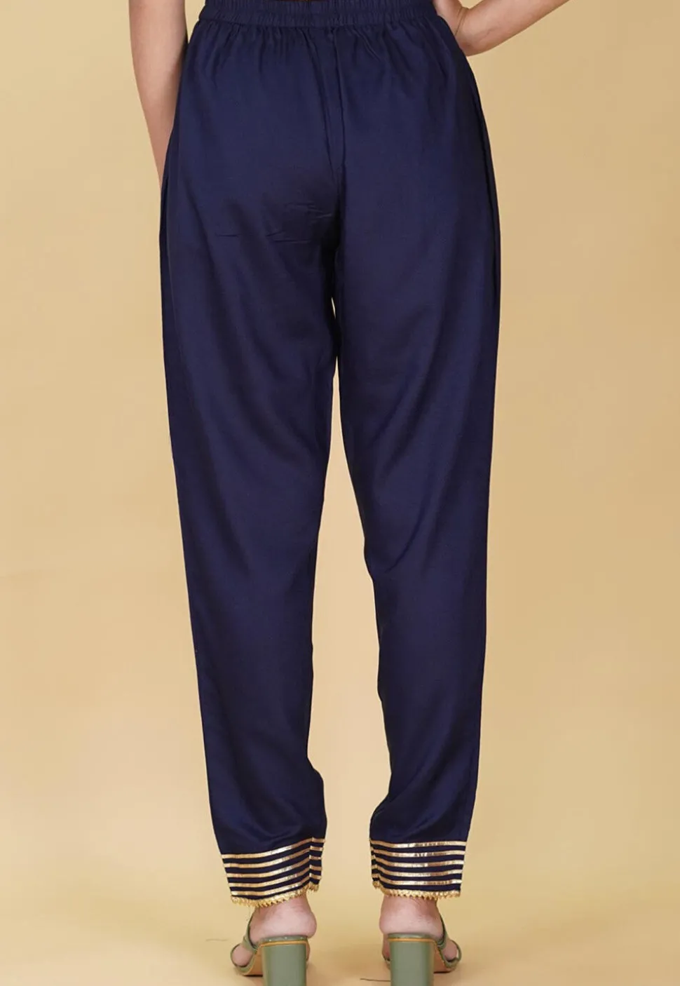 Gota Embellished Rayon Pant in Navy Blue