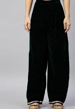 Gota Embellished Velvet Straight Kurta Set in Dark Green