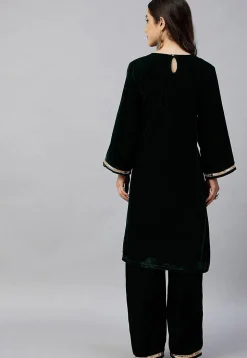 Gota Embellished Velvet Straight Kurta Set in Dark Green