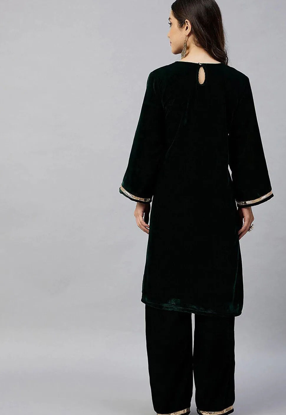Gota Embellished Velvet Straight Kurta Set in Dark Green