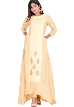 Gota Embroidered Art Silk Kurta in Light Yellow and Beige