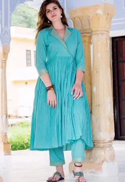 Gota Embroidered Cotton Kurta with Pant in Blue