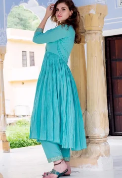 Gota Embroidered Cotton Kurta with Pant in Blue