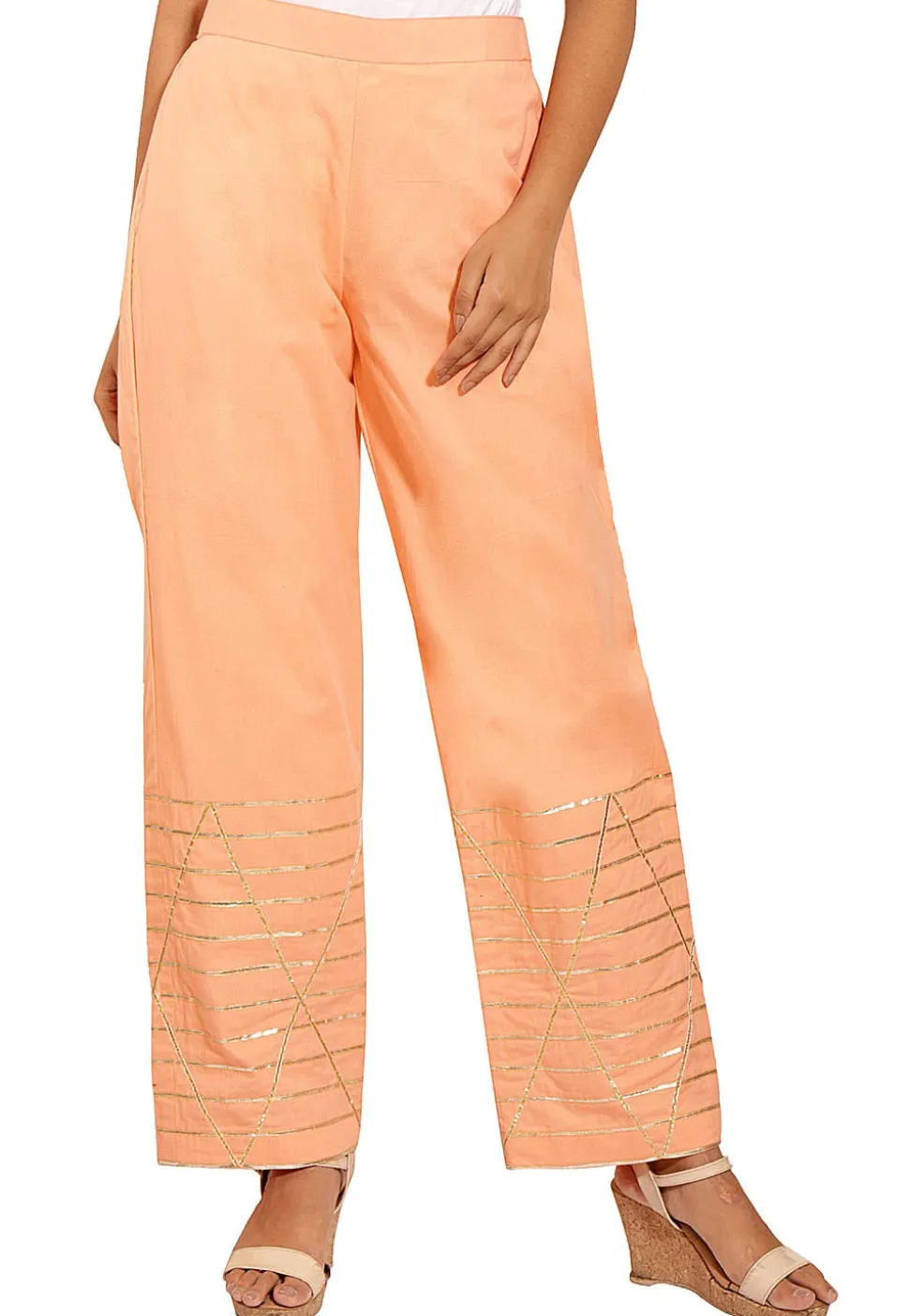 Gota Embroidered Cotton Pant in Peach