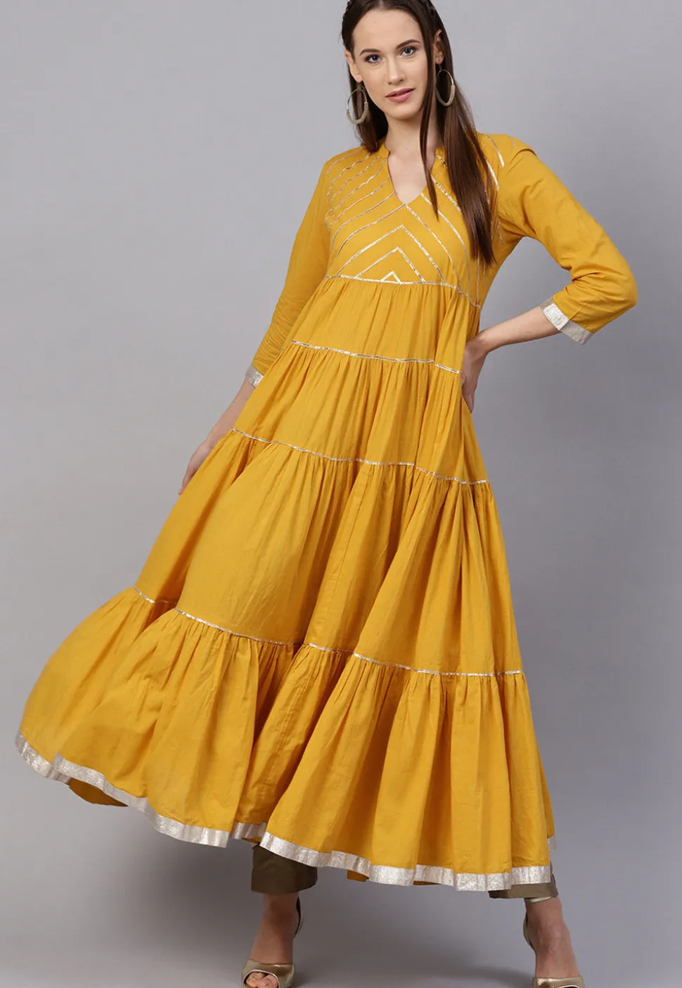Gota Embroidered Cotton Tiered Kurta in Mustard