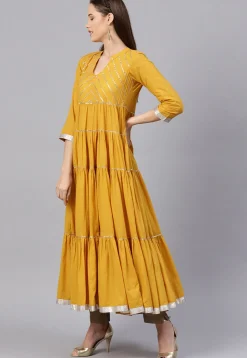 Gota Embroidered Cotton Tiered Kurta in Mustard
