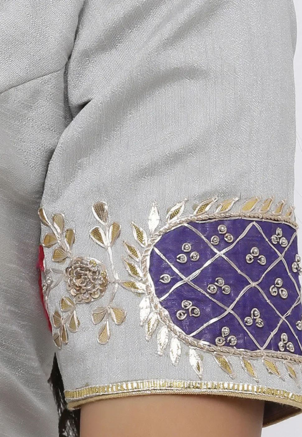 Gota Embroidered Dupion Silk Blouse in Grey