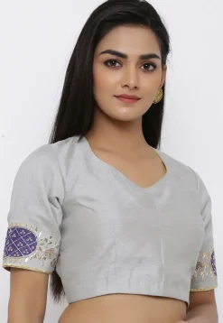 Gota Embroidered Dupion Silk Blouse in Grey
