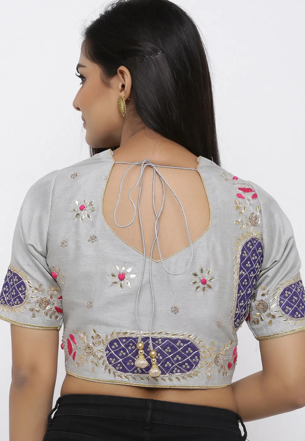 Gota Embroidered Dupion Silk Blouse in Grey