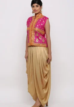 Gota Embroidered Dupion Silk Long Jacket in Fuchsia