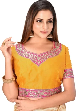 Gota Embroidered Dupion Silk Blouse in Yellow
