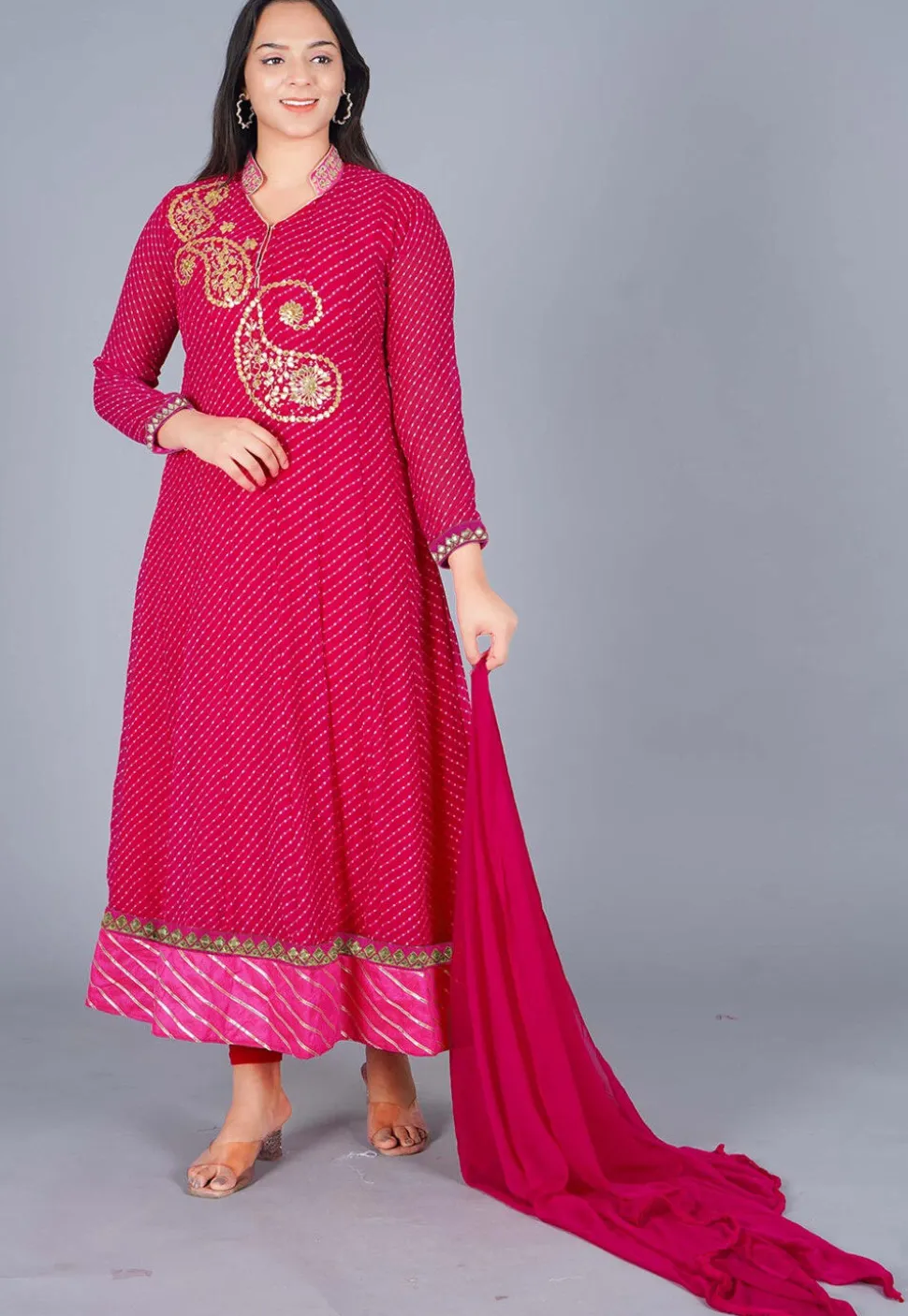 Gota Embroidered Georgette(Mothra) Anarkali Suit in Dark Pink