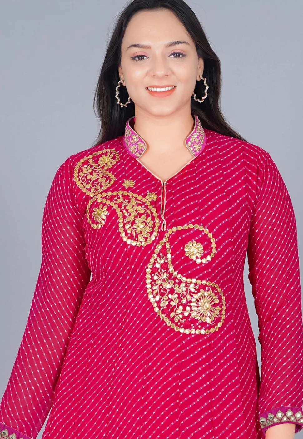 Gota Embroidered Georgette(Mothra) Anarkali Suit in Dark Pink