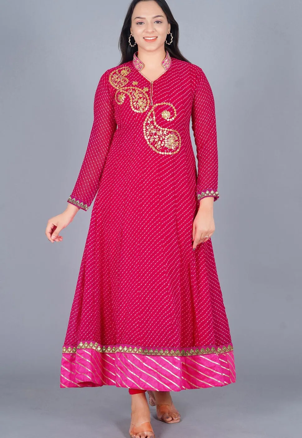 Gota Embroidered Georgette(Mothra) Anarkali Suit in Dark Pink