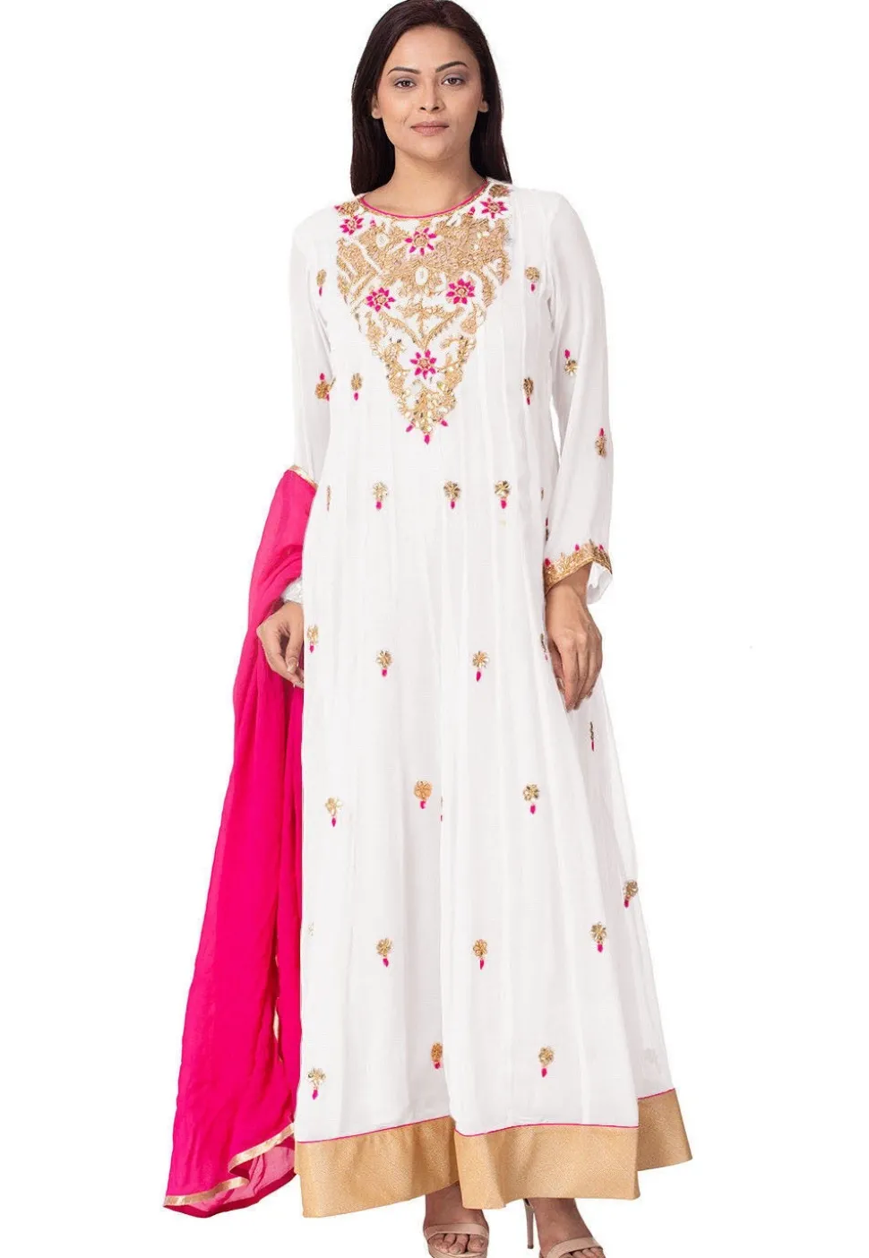 Gota Embroidered Georgette Abaya Style Suit in White