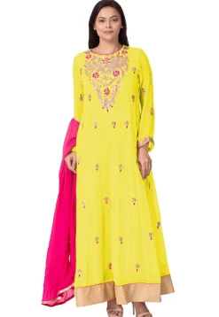 Gota Embroidered Georgette Abaya Style Suit in Yellow